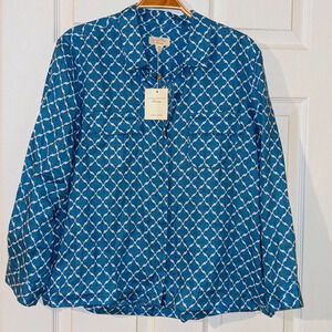 Charter Club Luxury Linen Blue White Button-Up Top Gold Buttons‎ Sz. Large NWT